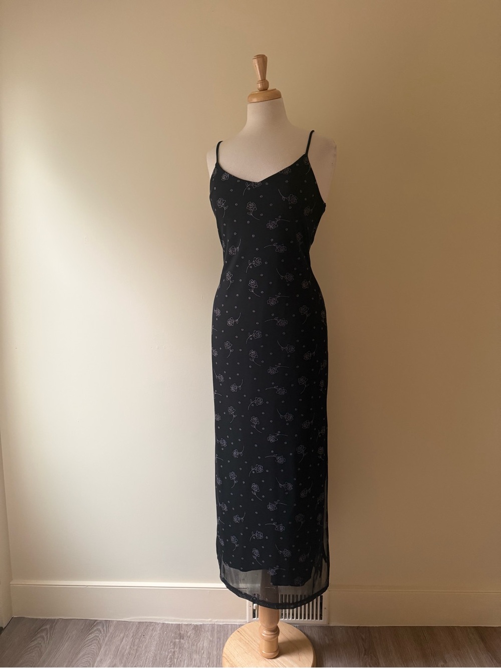 Vintage Y2K Black Rose Mesh Slip Dress | 90s Floral Maxi